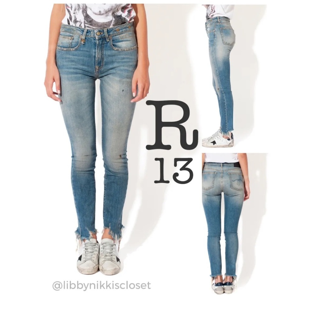 R13 Jenny Mid Rise Skinny Jean Shiloh Distress Uneven Raw Hem Sz 25